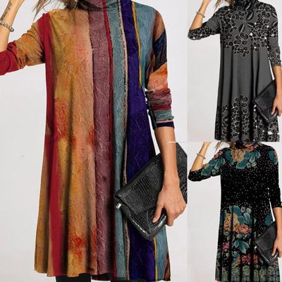 Женское свободное повседневное платье с литературным ретро-принтом и половиной высокой шеи и длинным рукавом