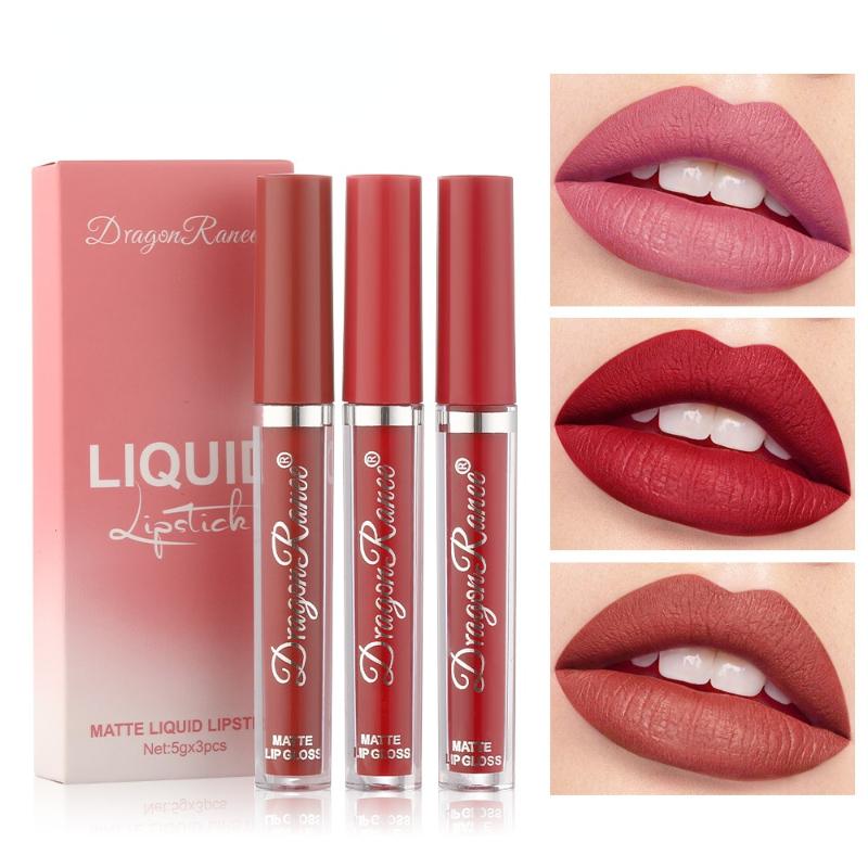 Набор для макияжа, 3 цвета, матовая глазурь для губ, матовая водостойкая антипригарная чашка, воздушный бархат, блеск для губ, губная помада, набор, коробка