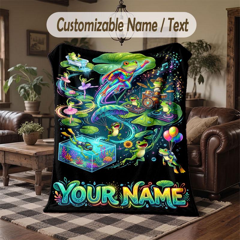 Frog Theme Throw Blanket Custom Name Text Personalized Blanket Soft Cozy Blanket for Home Sofa Bed