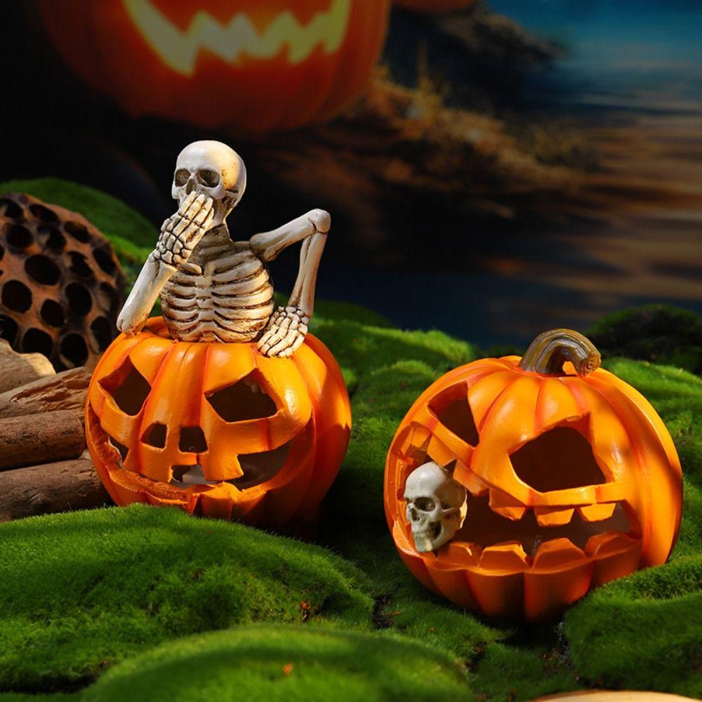Glowing Design Halloween Skeleton Figurine Resin Craft LED Pumpkin Skull Light Outdoor Yard