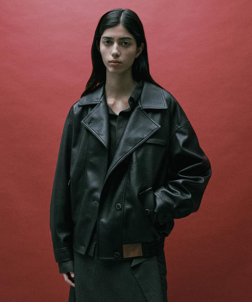 RE RHEE Oversized Leather Bomber Jacket Black