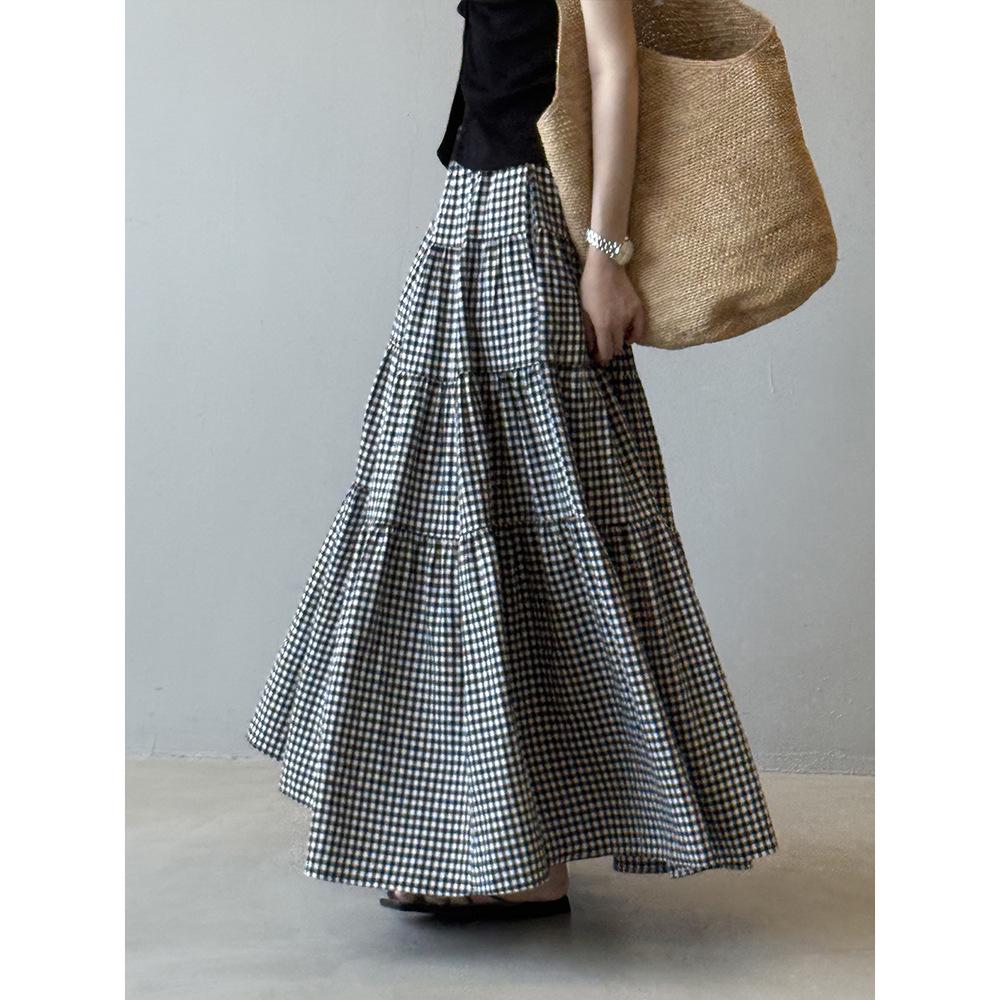 Женская миди-юбка А-силуэта в черно-белую клетку Yan Shuang, с высокой талией, свободного кроя, летний стиль