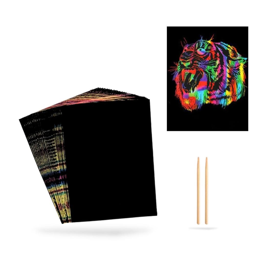 RegiProb A4 Scratch Paper and Bamboo Pen Set for Blank Rainbow Colorful Sheets 10 Bamboo Adults, Scratchboard, Paper, (100 & Pens)