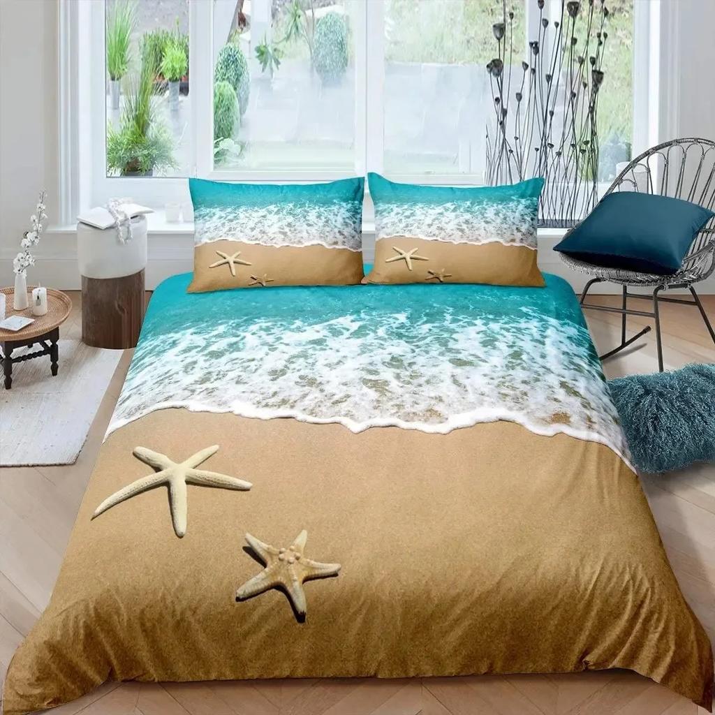 Luxury New 3D Print Beach Starfish Duvet Cover Set Queen Blue Cute Ocean Creatures Bedding Set Sea Shells Starfish Cover