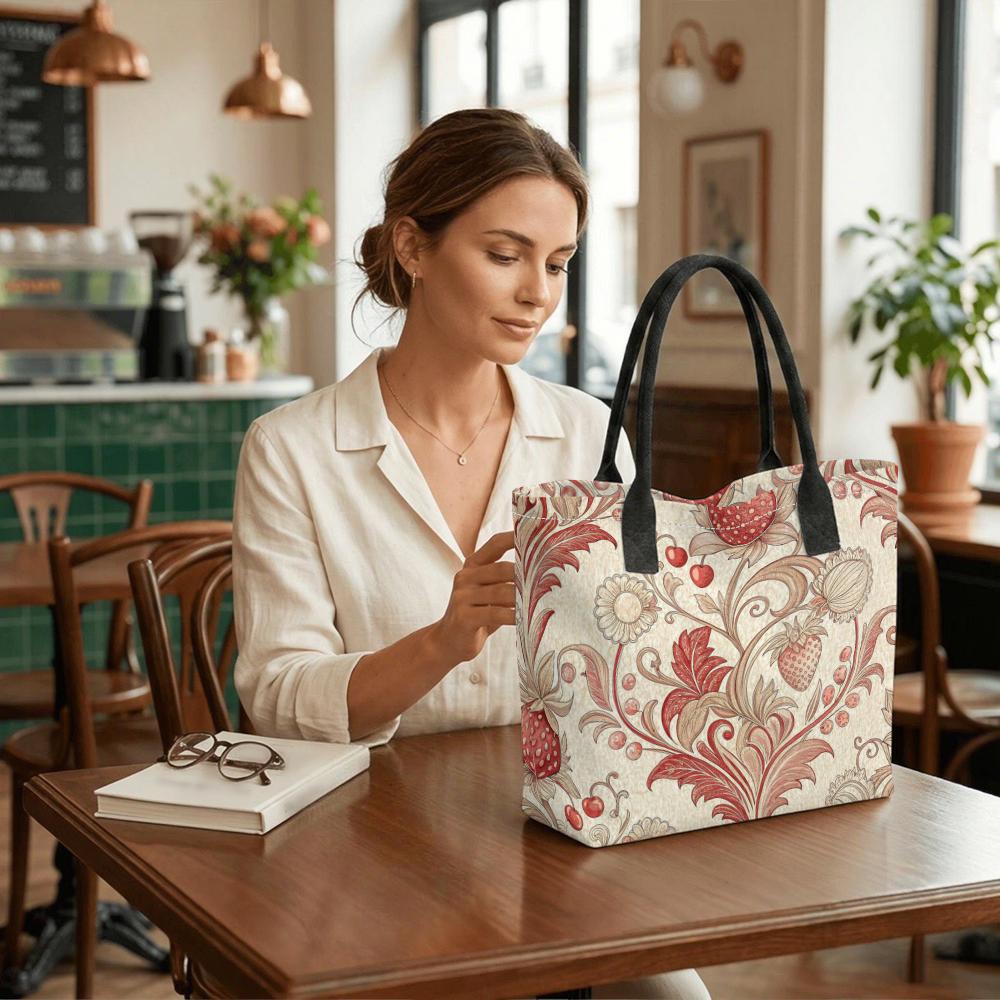  Vintage Fruit Floral Printed Large Canvas Tote Bag for Women Casual Daily Shopping Shoulder Bag