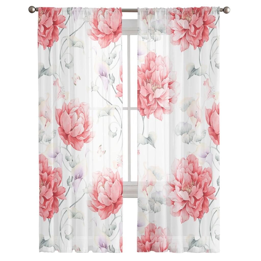 Pink Watercolor Flowers Retro Window Tulle Curtains for Living Room Bedroom Hotel Luxury Decoration Sheer Curtains