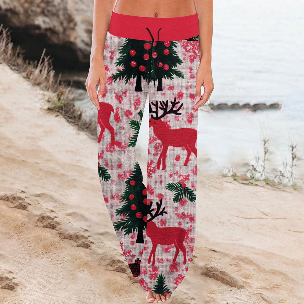 Women's Fashion Casual Comfortable Pajama Pants Christmas Print Drawstring Wide Leg Pants