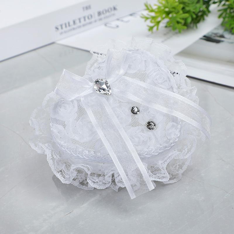 Ring Box Heart Wedding Lace Holder Pillow Ceremony Pillows Jewelry Bearer White Shape Boxes Pearl Rhinestone Case Love Proposal