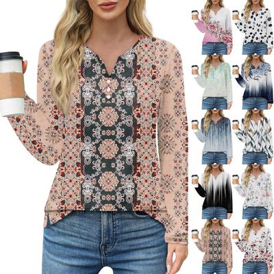 Женская мода повседневный топ с цветочным принтом и круглым вырезом, длинными рукавами и разрезом по подолу