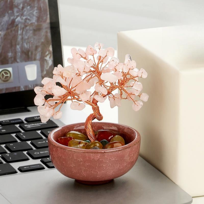 Natural Citrine Money Tree Ornament for Wealth and Healing, Pink and Purple Home Desktop Decoration