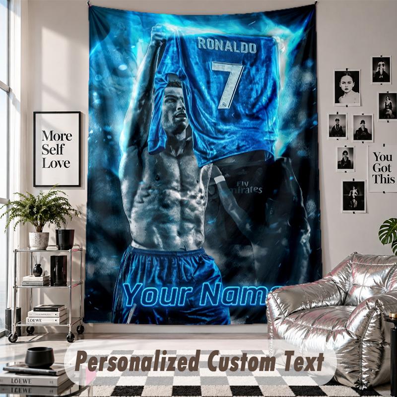 Wall Hanging Tapestry With Custom Name & Text, Cristiano Ronaldo Decorative Tapestry For Bedroom