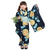 Kyoto Kimono Yuzen Yukata Set with Floral Dark Navy 140cm Girls' 2-Piece Obi, Cotton, Summer, Kids' Print, (Sunflower) Kimono,