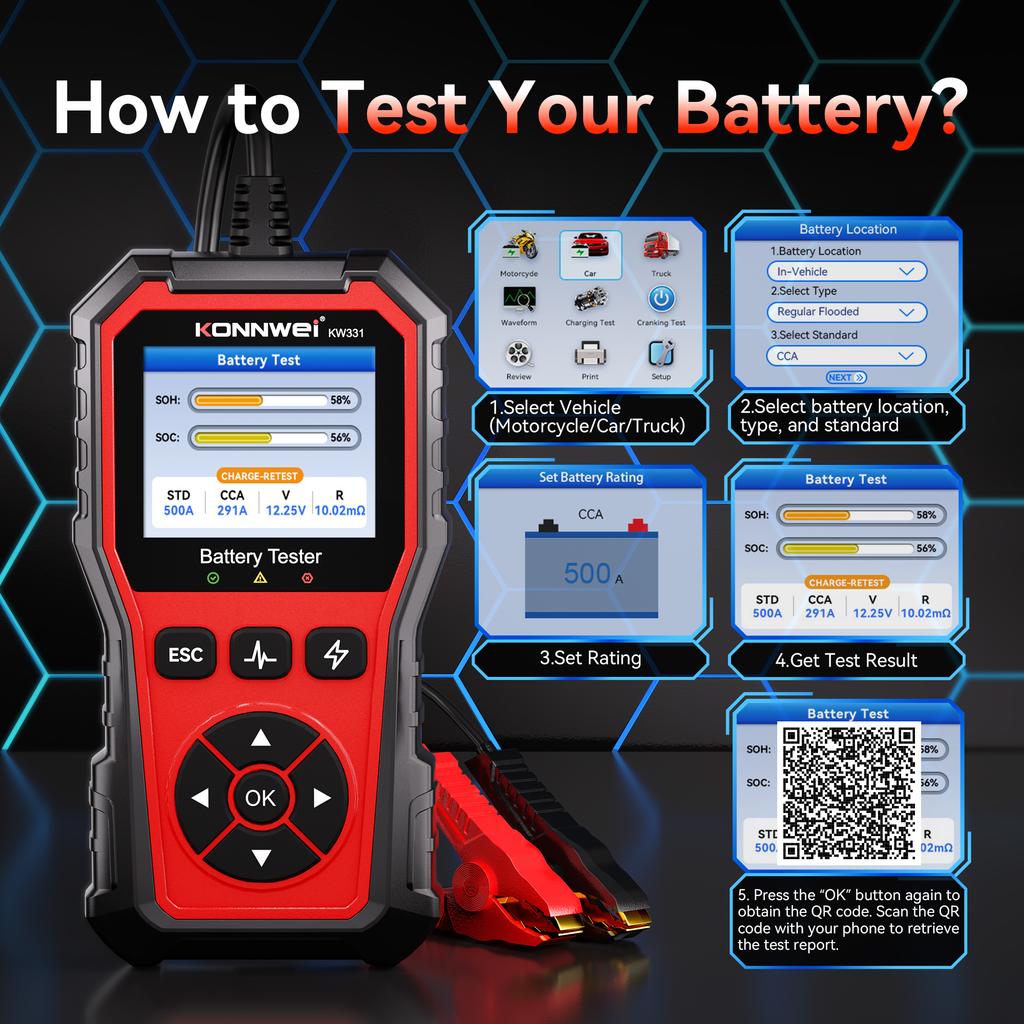 2026 KONNWEI KW331 Car Battery Tester 6V 12V 24V Voltage Detection Tool with Cloud Printing for Fault Data Report
