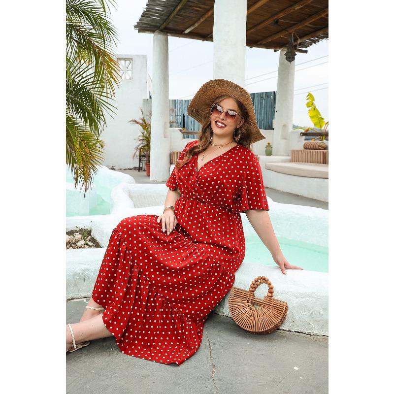 Летнее женское платье больших размеров в горошек, повседневное платье с V-образным вырезом для отпуска, элегантные свободные платья миди