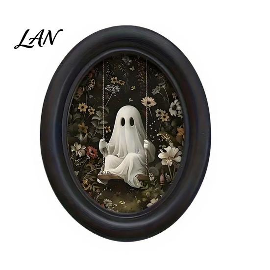 Ghost Oil Painting Print Halloween Wall Art, Cute Table Sign, Vintage Oval Framed Decor Picture, Decorative Art for Mantel Living Room Bedroom