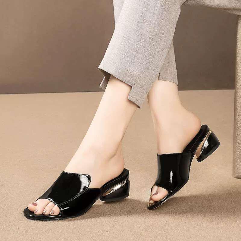 Slippers Female Summer Fashion Heels Slides Shoes For Girls Red Sexy Pu Soft Leather Comfortable Sandals Woman