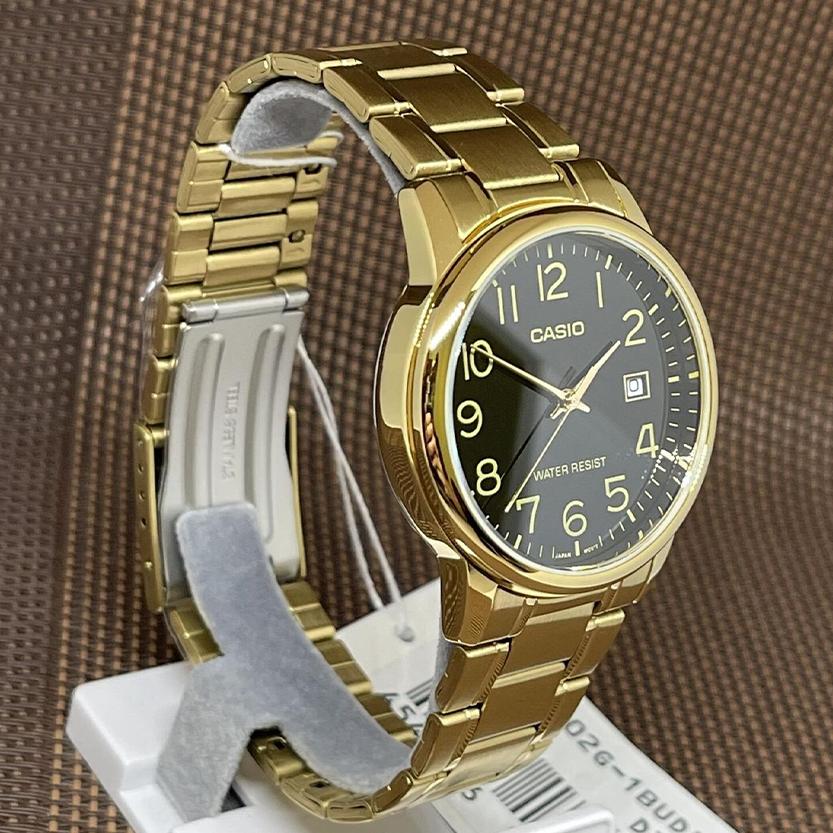 Casio Аналоговые кварцевые часы MTP-V002G-1B из нержавеющей стали золотистого оттенка с черным циферблатом для мужчин