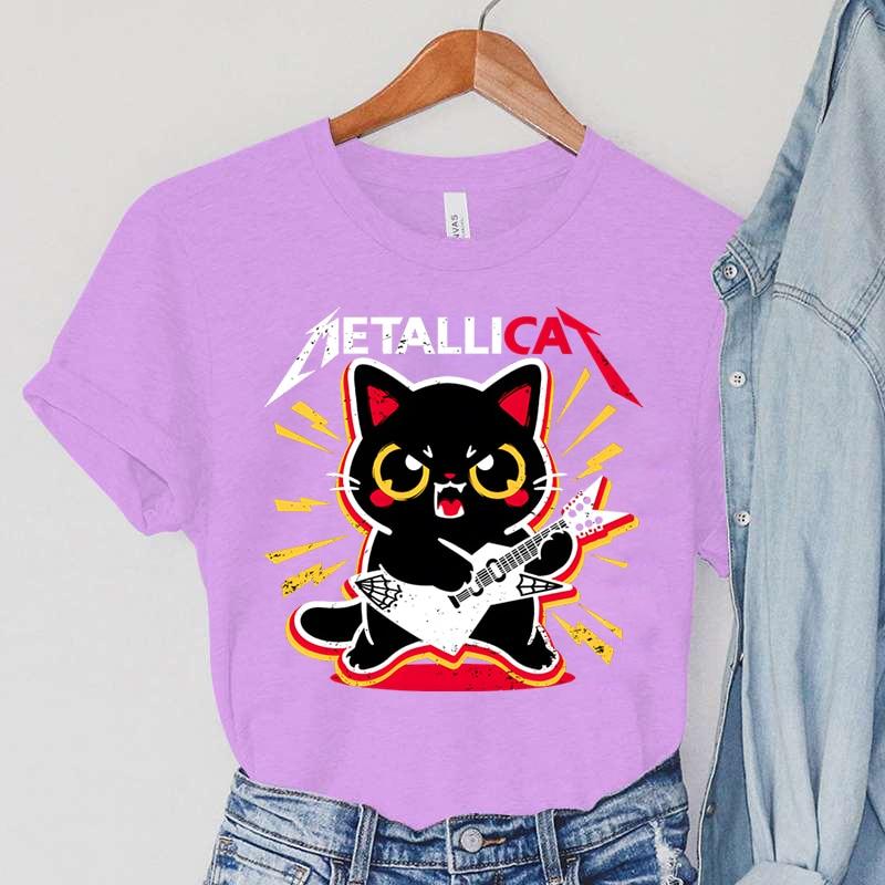 Футболки METALLICAT, женские футболки с круглым вырезом, женская одежда с рисунком гитары, топы в стиле Харадзюку с животными и кошкой, женские винтажные футболки