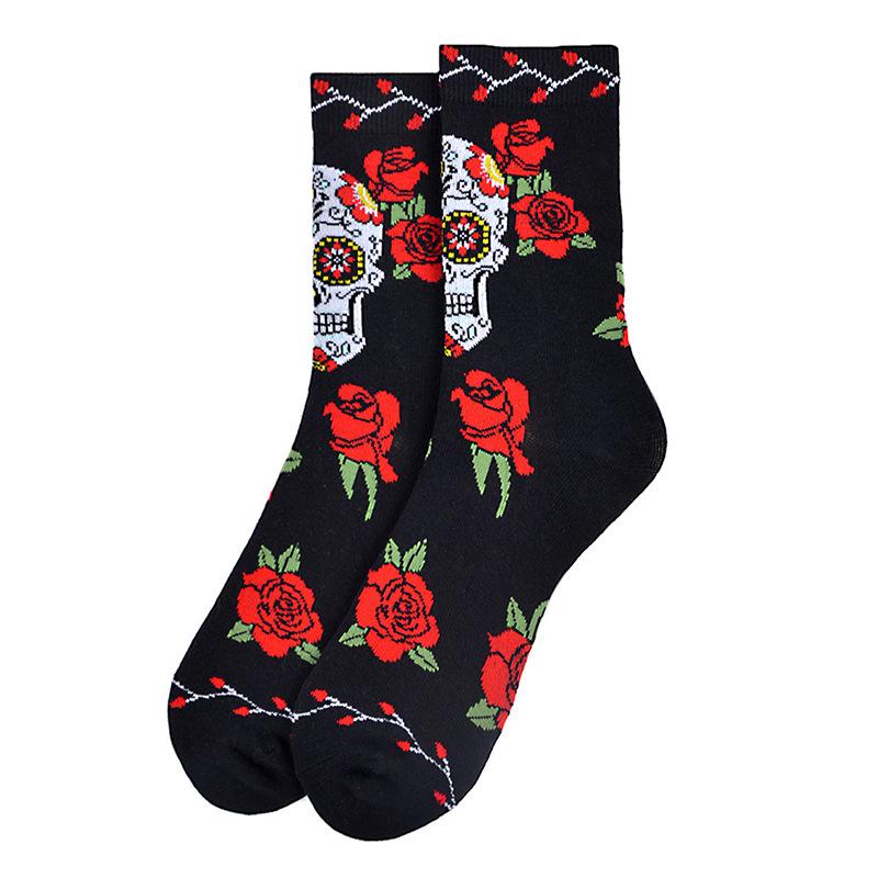 Fashion Harajuku Skull Rose Crew Socks Unisex Women Men Couple Black Cotton Retro Boho Hip Pop Street Socks Gift Bulk