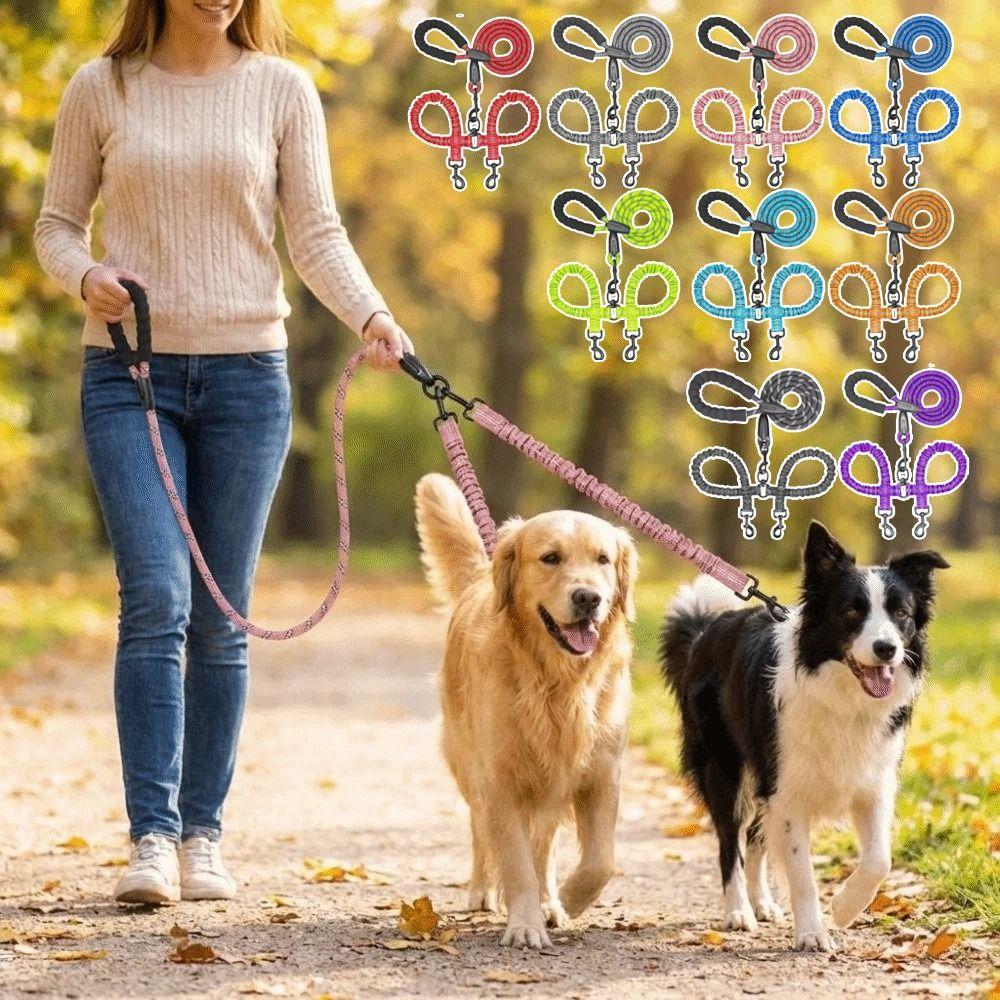 Shock Absorbing Two Dog Lead Rope Stretchable Multifunctional Double Headed Leash Removable Comfort Handle Double Head Dog Rope