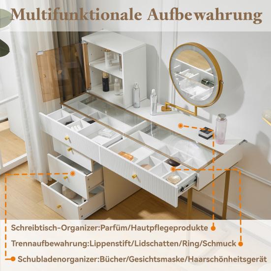 Vanity Desk Dressing Table Set with LED Mirror 5 Drawers Transparent Tempered Glass Large Top Side And Cabinet Elegant Furniture White Furniture