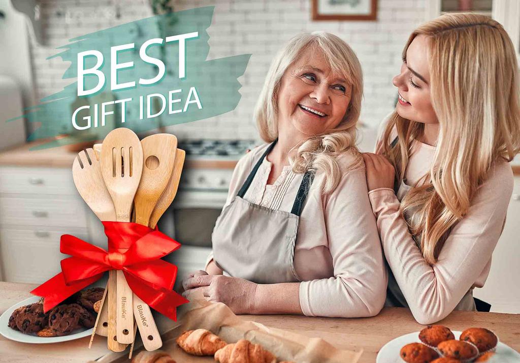 BlauKe® Wooden Kitchen Utensils Set of 7 – Bamboo Cooking Utensils for Non-Stick Cookware – Wooden Spatulas for Cooking, Wooden Spoons