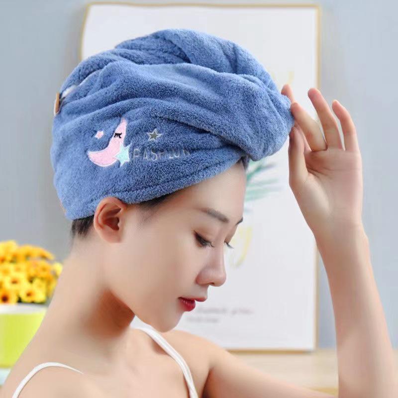 Cartoon Embroidery Coral Fleece Absorbent Dry Hair Cap for Women
