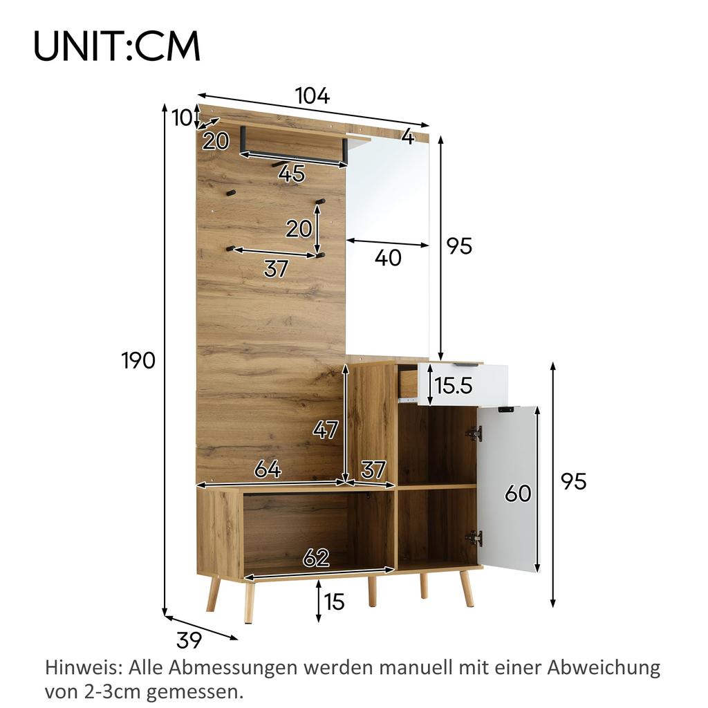 Комплект 190 см, Гардеробный набор Зеркало, Стильная банкетка для обуви, Шкаф для обуви, Ящик, Полка, Крючки для одежды, Настенная вешалка, Цвет дерева & Белый