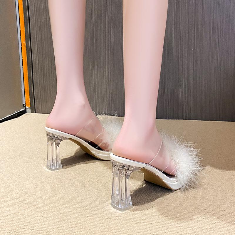 Fashion Slipper Ladies Summer New Open Toe Plush Fox Fur Chunky Flip Flops Sexy Family Party Square Toe Simple Heels Crystal