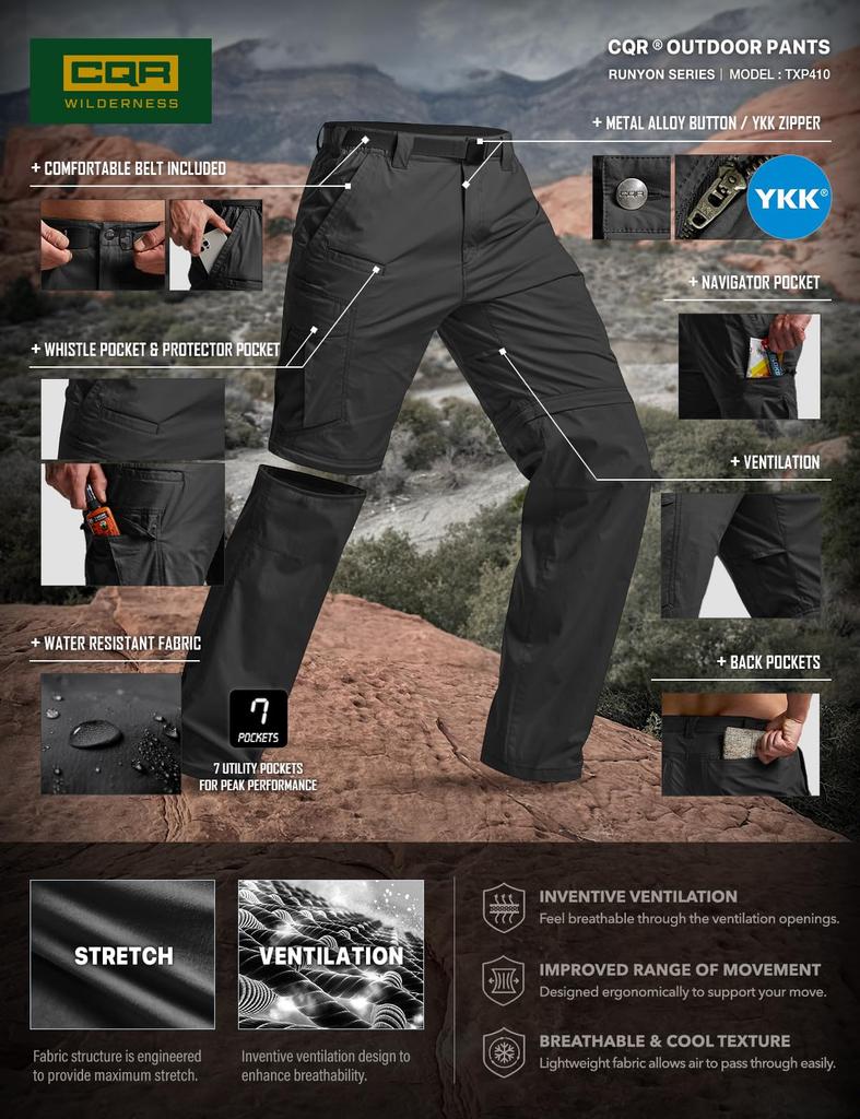 Грузовые брюки CQR с длинными шортами, крутые, эластичные, многофункциональные, идеально подходят для использования на открытом воздухе и летом, мужской ремень, 2-сторонние и брюки, влагоотводящие, быстросохнущие,