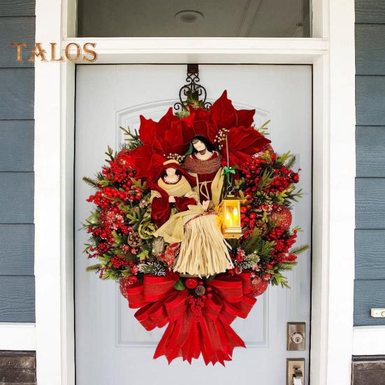 Венок Святого Семейства, рождественский венок с искусственными ягодами, шишкой, зимний религиозный венок на входную дверь с фигуркой Иисуса для дома