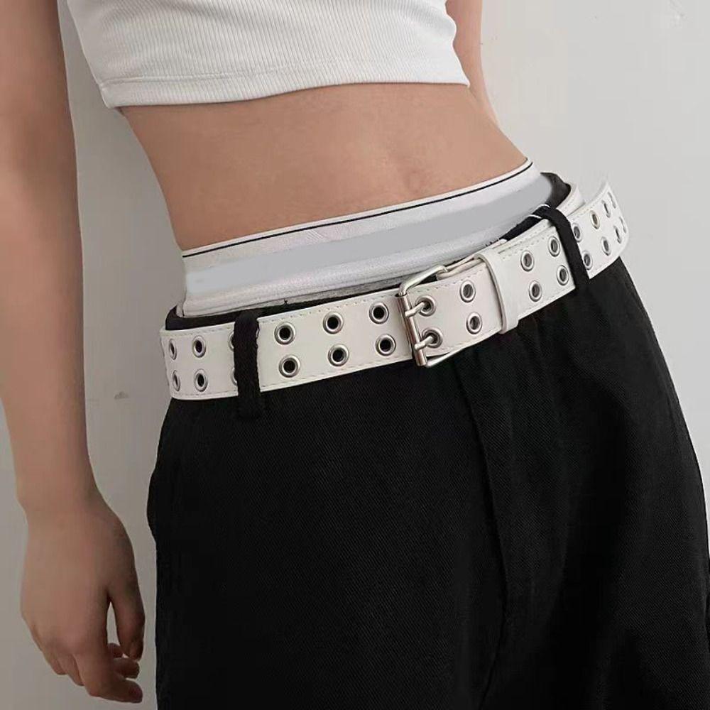 Punk Double Row Hole Belt Metal Buckle Hip-hop Waist Belt PU Leather Star Waistbands  Female/Girls