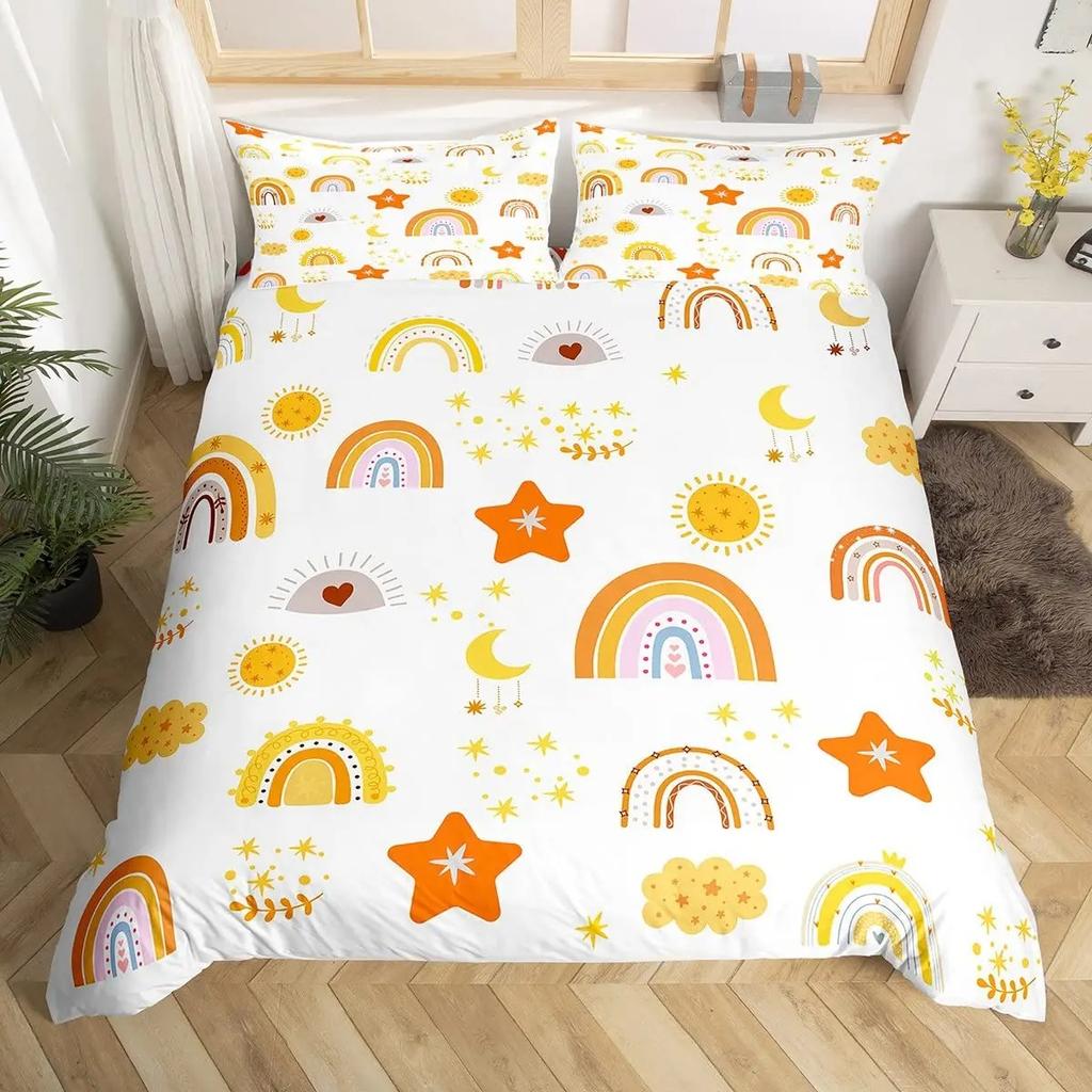 Red Valentine'S Day Rainbow Duvet Cover Twin Size,Cartoon Love Heart Bedding Set For Girls Women Moon Leaves Comforter Cover