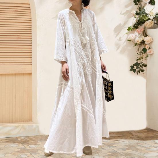Summer Spring Women Dress Lace-up Strap Tassel A-line Loose Retro Long Sleeves Flower Embroidery V Neck Ankle Length Vacation Beach Maxi Dress