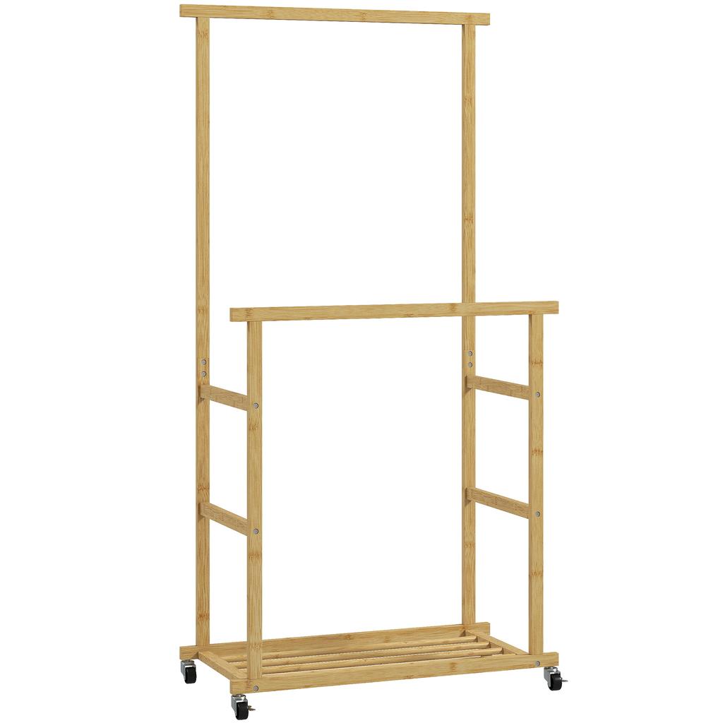 Clothes Rack with Casters, Coat Rack with Clothing Rail, Shoe Shelf, Made of Bamboo, 80 x 40 x 160 cm, Natural