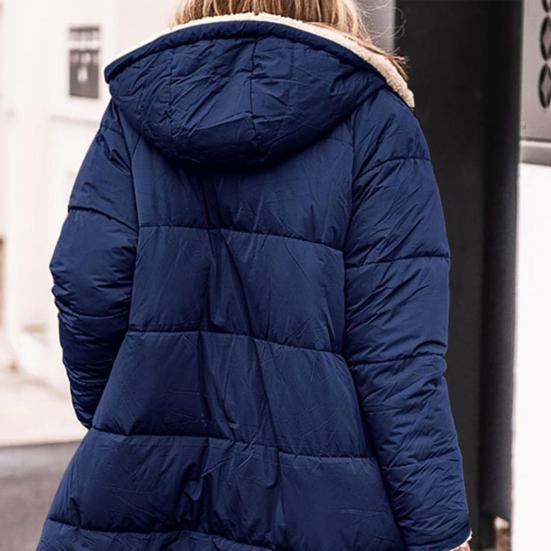 Women Winter Coat with Hood Padded Plush Lined Double-sided Wearable Outerwear Warm Large Pocket Zipper Closure Mid Length Overcoat