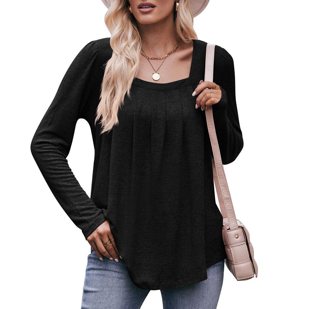 Spring and Autumn Casual Bubble Sleeve Square Collar Crimson Long Sleeve Women's T-shirts