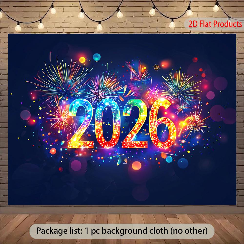 2D flat, 1pc gleaming 2026 banner background with glowing numbers and fireworks design - durable polyester