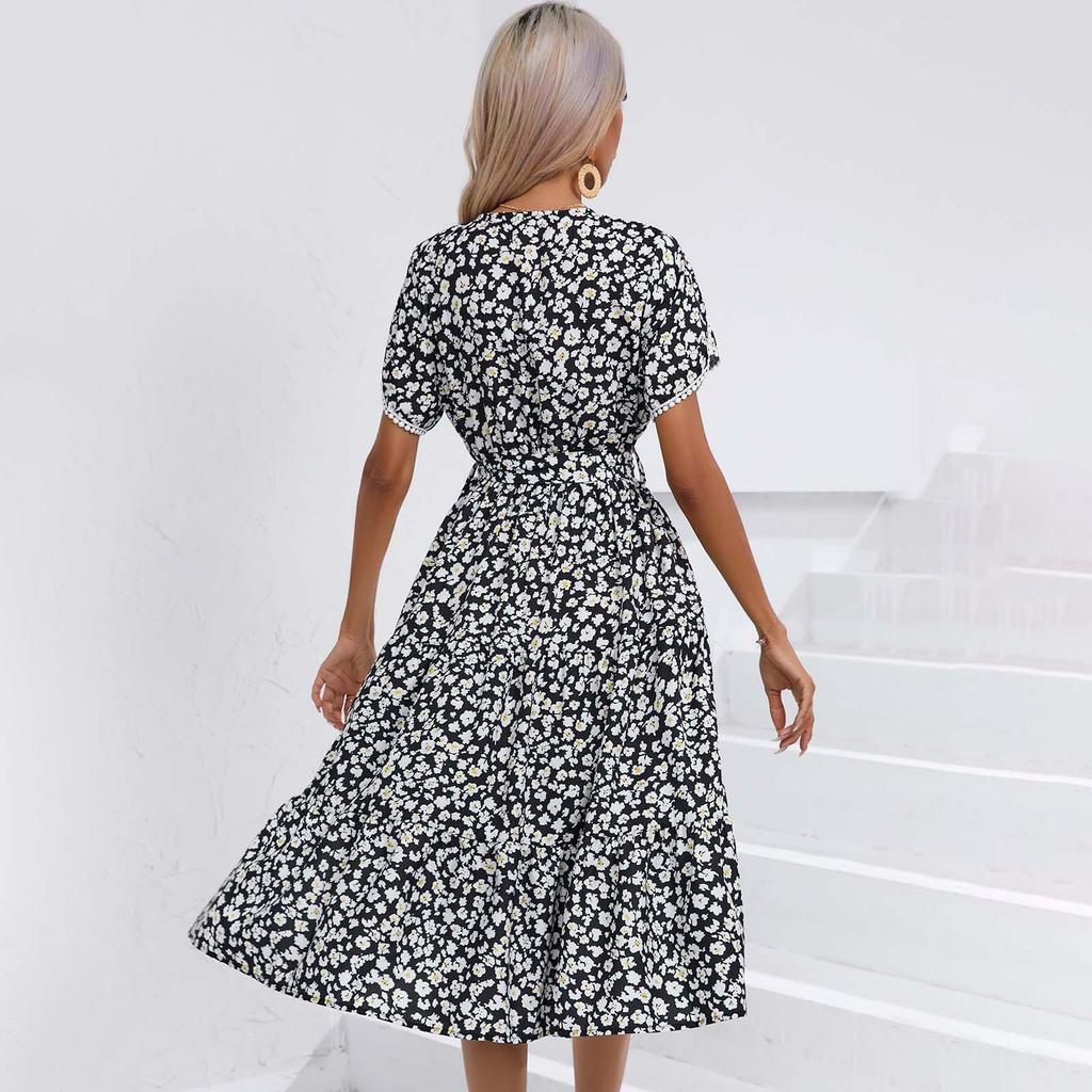 Женское летнее платье с короткими рукавами и высокой талией в этническом стиле на шнуровке