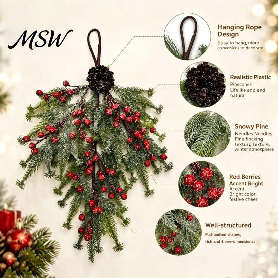 Indoor Wall Door Decorations Upside Down Christmas Tree Hanging Decor, Pinecone Berry Wreath with Flocked Red Pine Cone Snow Tips, Rustic Ornament for