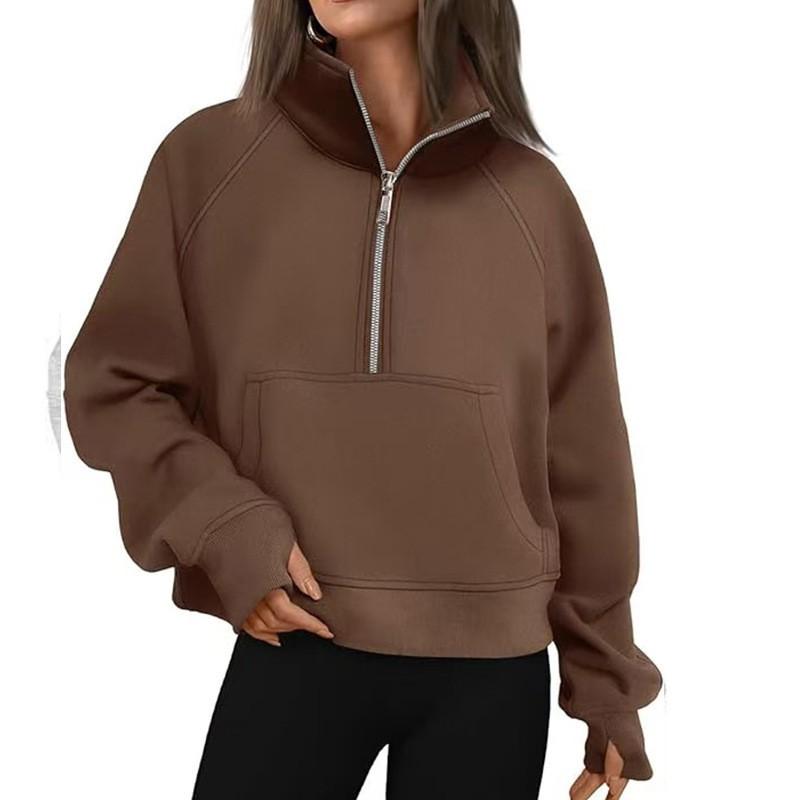 Womens Lightweight Fleece-Lined Half-Zip Hoodie Sweatshirt Loose Fit Stand Collar Long Sleeve Casual Top