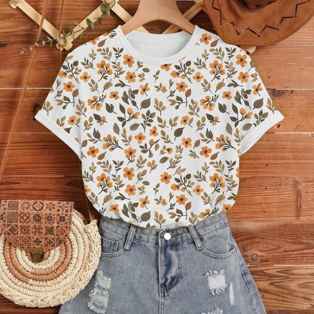 Elegant Retro Art Floral 3D Print Short Sleeved Womens T Shirt Summer New Fashion Trend Daily Comfortable Women's Clothing