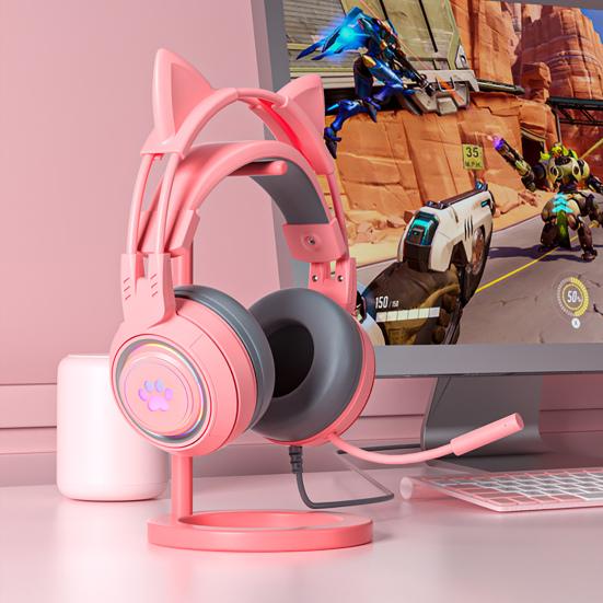 SY-G25 Wired Headphone RGB Lighting Omni-directional Mic Over-Ear Computer Headphone with Cute Cat Ear for E-sport