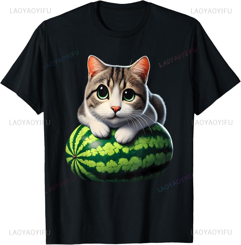 Cute Funny Cat on Watermelon Meme T Shirt Men Women ONeck Fashion Short Sleeve Tshirts Retro Harajuku Oversized Tshirt