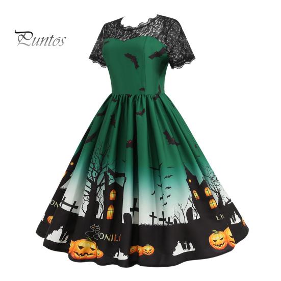 Женское платье для вечеринки на Хэллоуин с ажурным кружевом и круглым вырезом в стиле ретро, А-силуэта, с большим подолом, с принтом летучей мыши в стиле «дом с привидениями», с короткими рукавами, вечернее платье для косплея