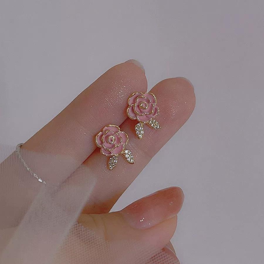 Korea Pink Flower Stud Earrings for Women Fashion Charming 925 Silver Needle Sweet Girls Earrings Statement Wedding Jewelry 2025