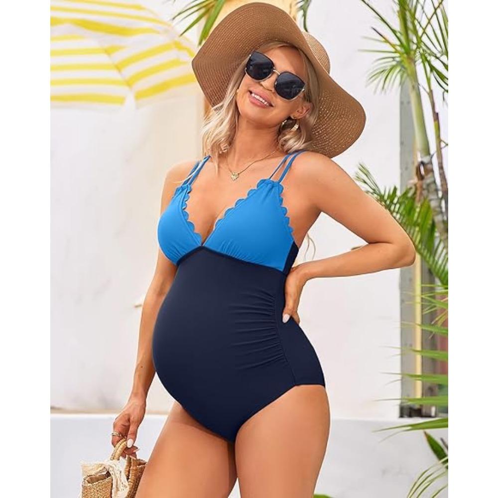 CHARMLEAKS Scallop Trim Maternity Swimsuit One Piece V Neck Pregnancy Bathing Suit Ruched Swimwear Cutout Tie Back