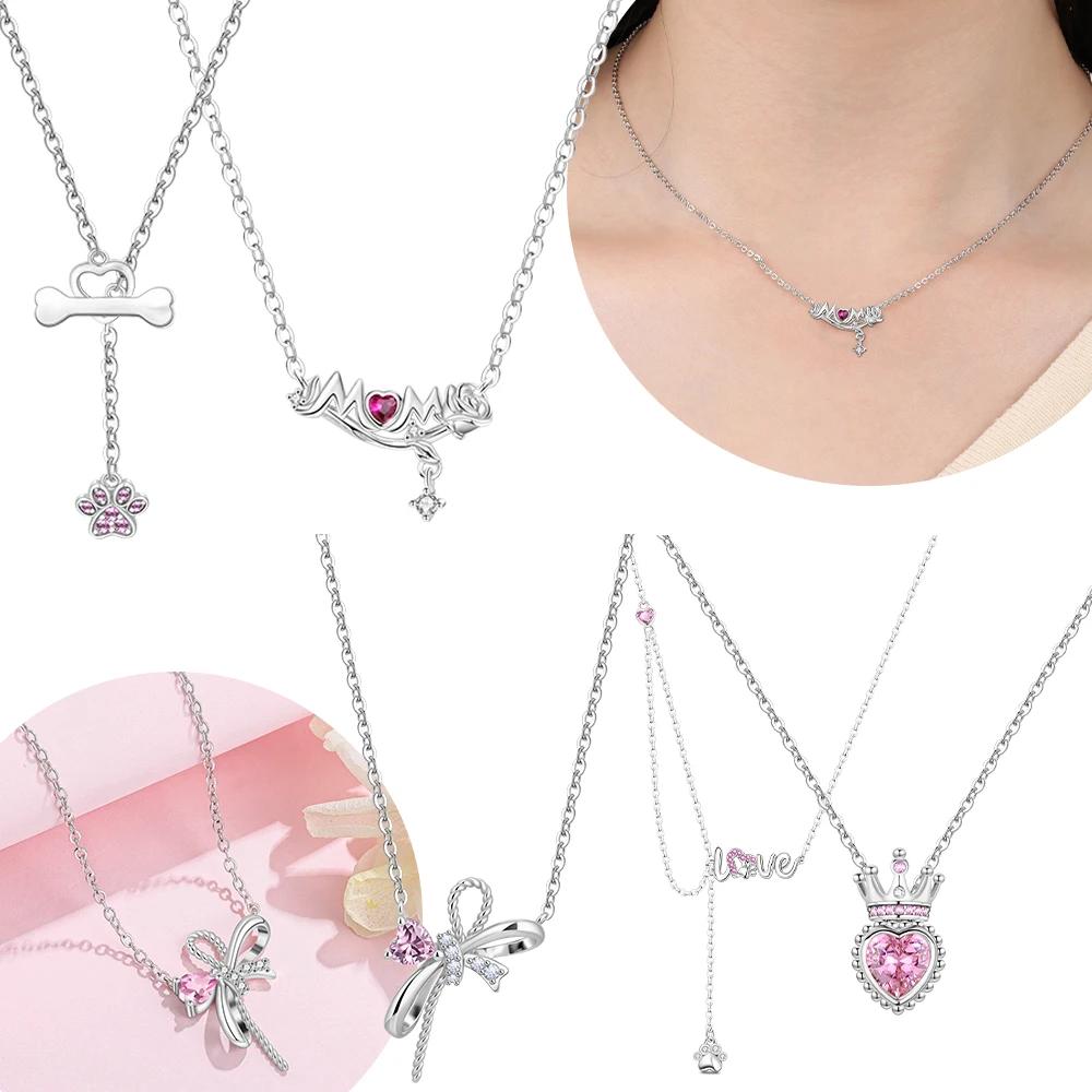 Pink Crown Necklace Rose Flower Women's Butterfly Necklace Bone Tassel Jewelry Original 925 Silver Valentine Gift Anniversary