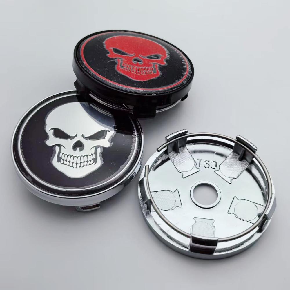 4pcs 60MM ( 56MM I.D) Skull Logo Emblem Car Wheel Center Caps Styling Accessories for Wheels Hub Rim Hubcaps Cover Badge Replace