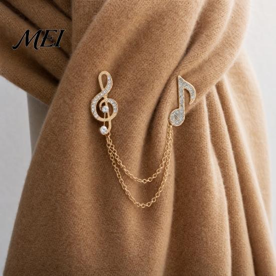 Musical Note Jewelry Brooch Pin for Women, Treble Clef Eighth with Staggered Metal Music Chains, Rhinestones Design Lapel Musicians Formal Casual Wear
